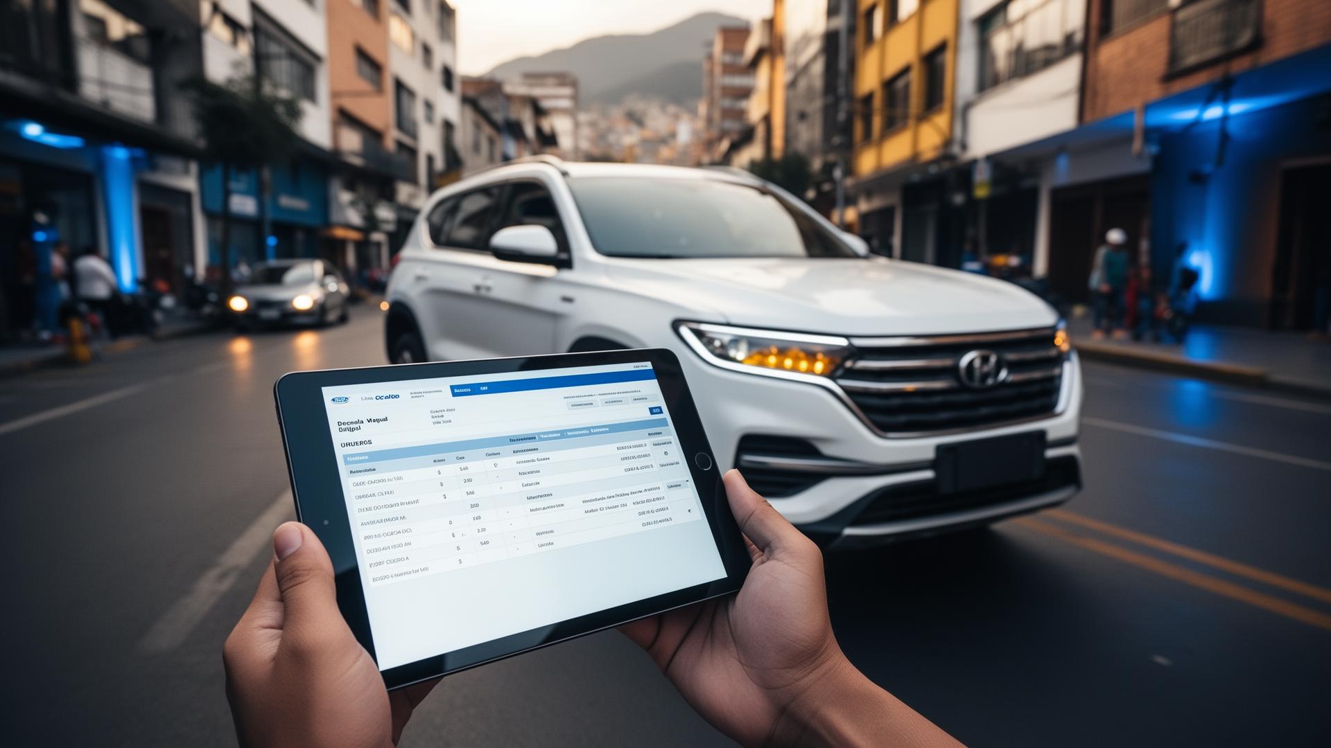Auto deportivo en taller premium con vista a Quito — historial digital Rodaki